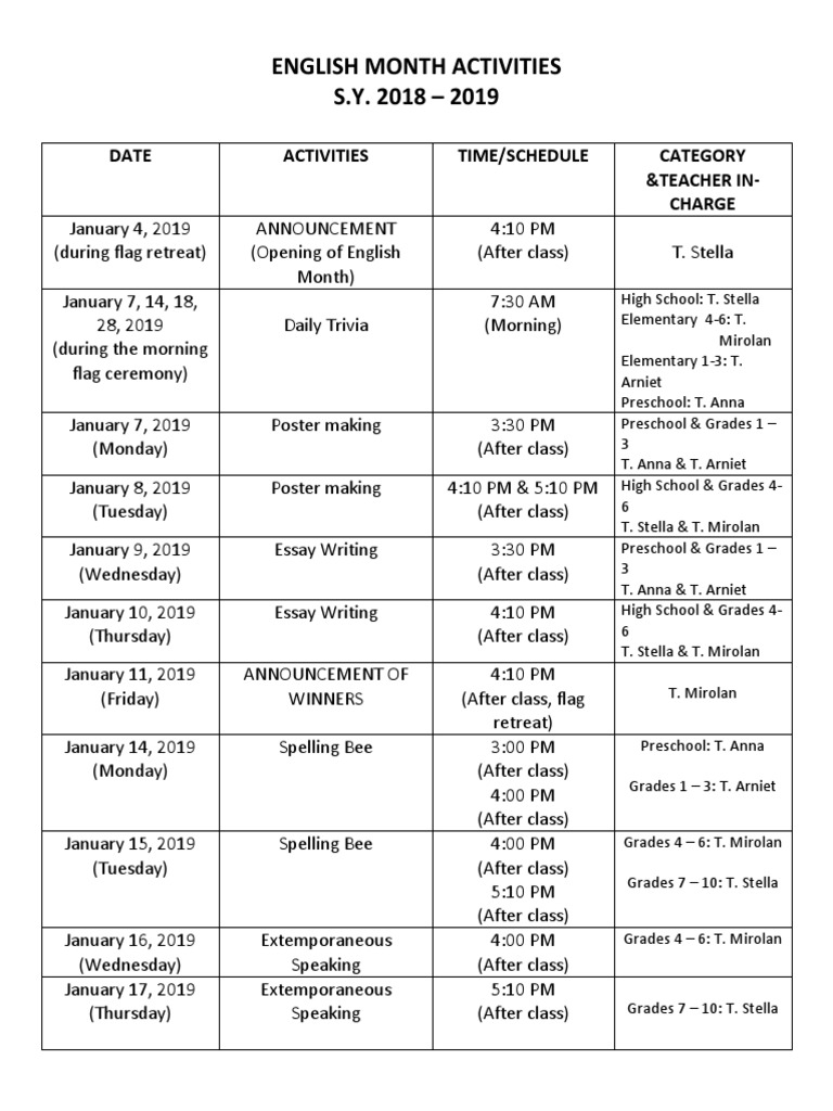 English Month Activities Schedule 2019 | PDF