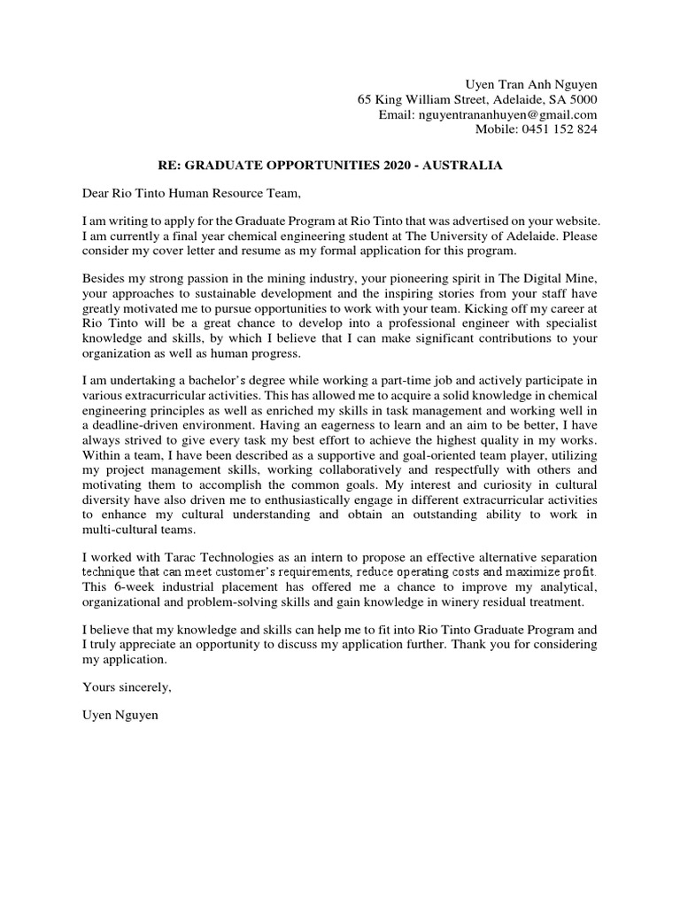 Cover Letter Rio Tinto Graduate Program Pdf Graduate School Engineering