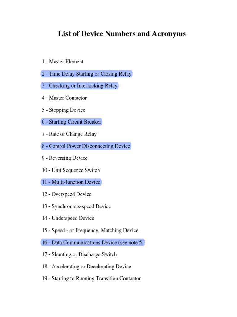 List of Device Numbers and Acronyms | Download Free PDF | Relay | Switch