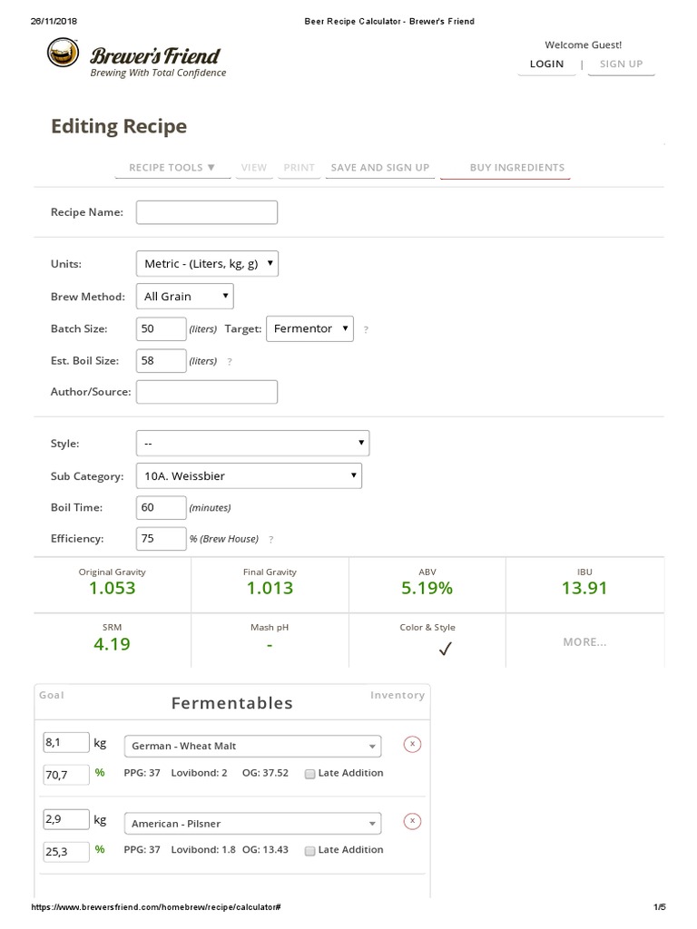 Beer Recipe Calculator Brewer's Friend Weissen PDF PDF Brewing Hops
