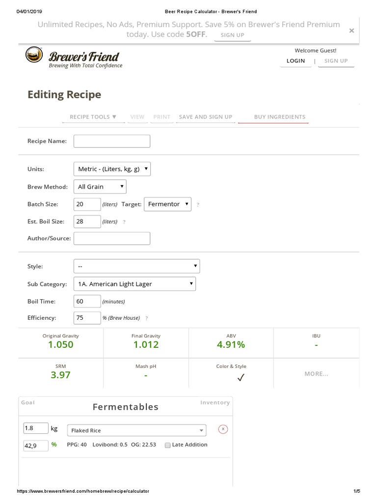 Beer Recipe Calculator Brewer's Friend Arroz PDF Brewing Beer