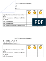 Self-assessment form for English unit on times, prepositions, seasons, weather and activities