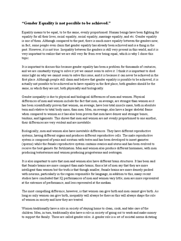 Gender Equality Is Not Possible To Be Achieved | PDF | Gender Role | Woman