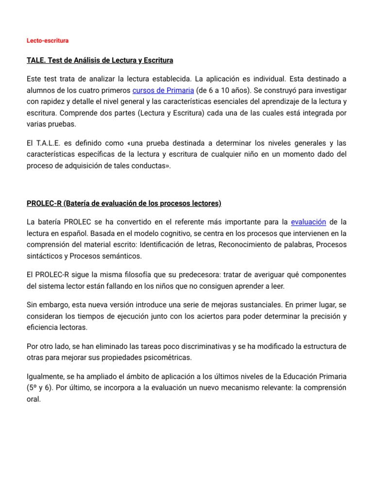 TALE. Test de Análisis de Lectura y Escritura | Evaluación | Memoria ...