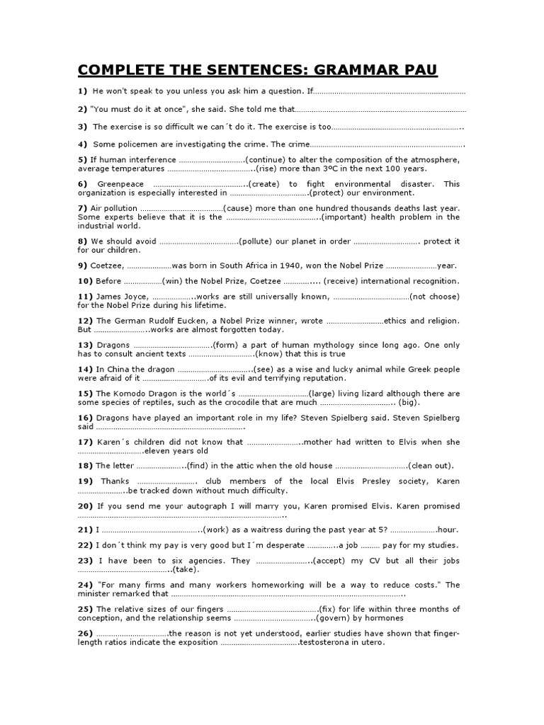 Grammar Sentence Completion Exercises | PDF