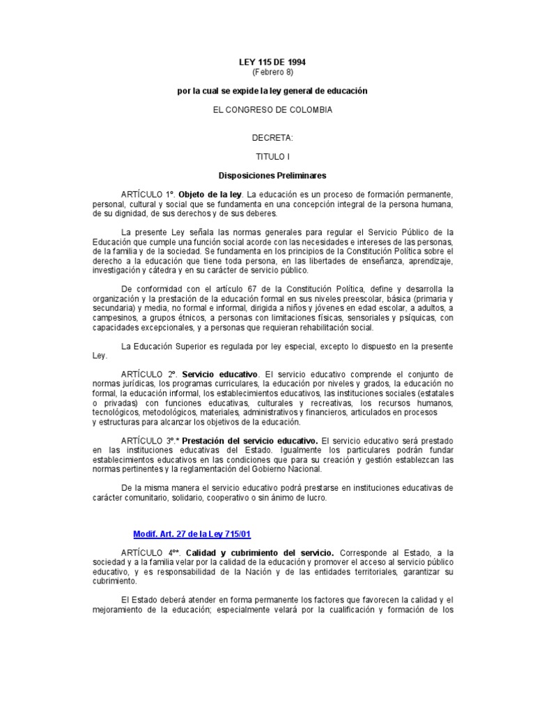 Ley 115 1994 Pdf Educación Primaria Educación Secundaria