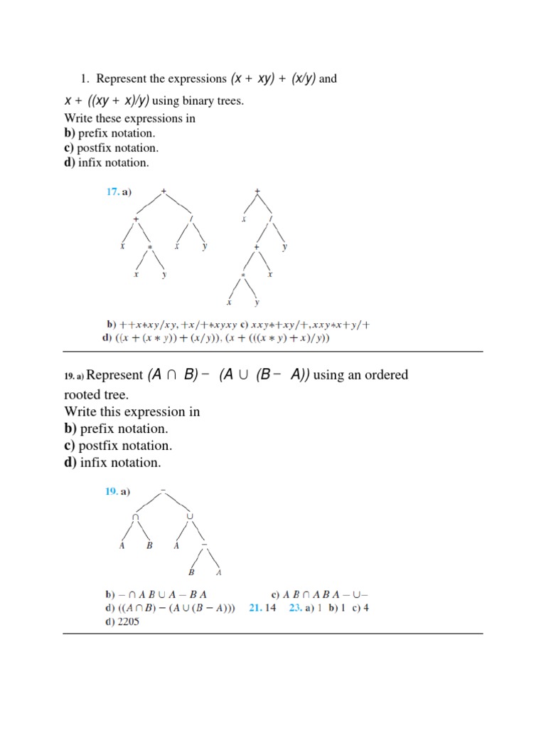 X + ( (Xy + X) /y) Using Binary Trees.: B) Prefix Notation. C) Postfix ...