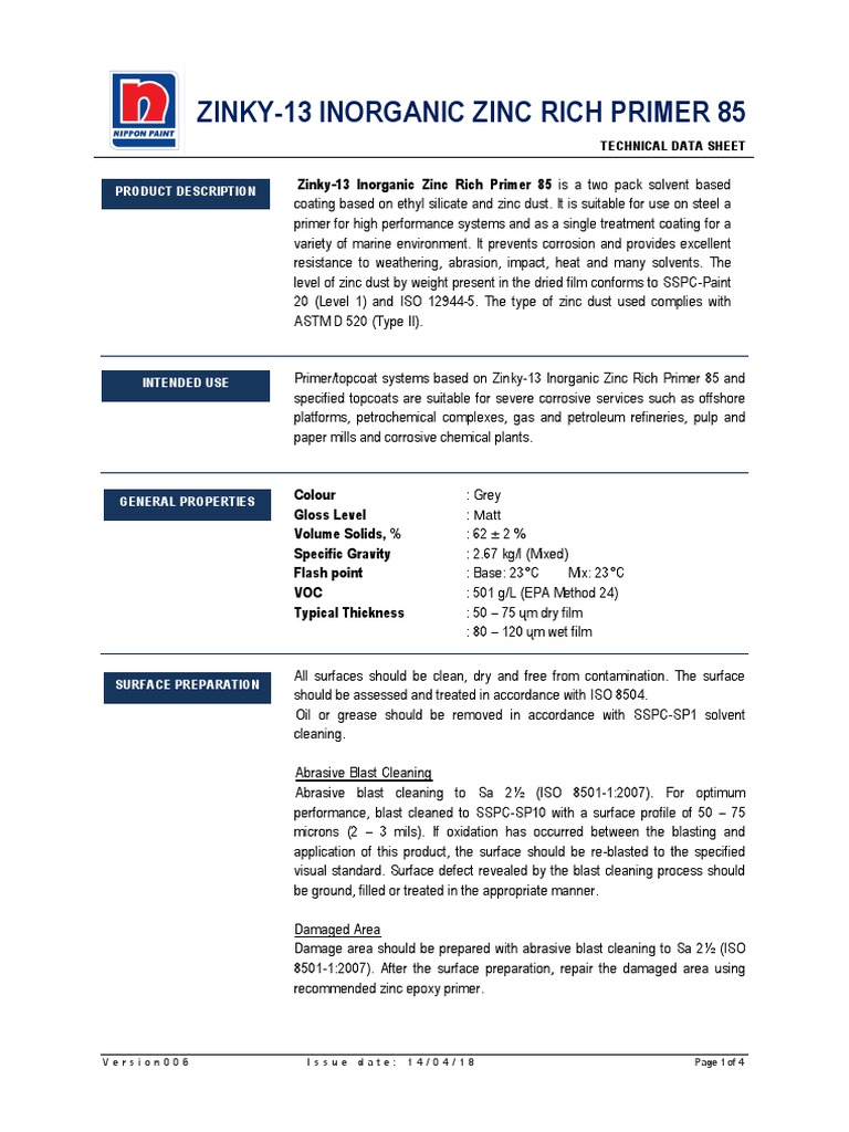 Zinky13 Zinc Rich Primer 85 Product Description Epoxy