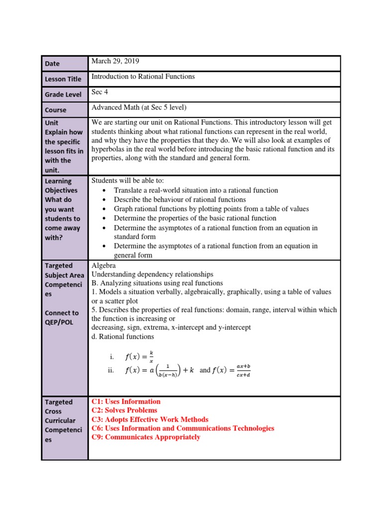 Introduction to Rational Functions Lesson | PDF | Asymptote | Function ...