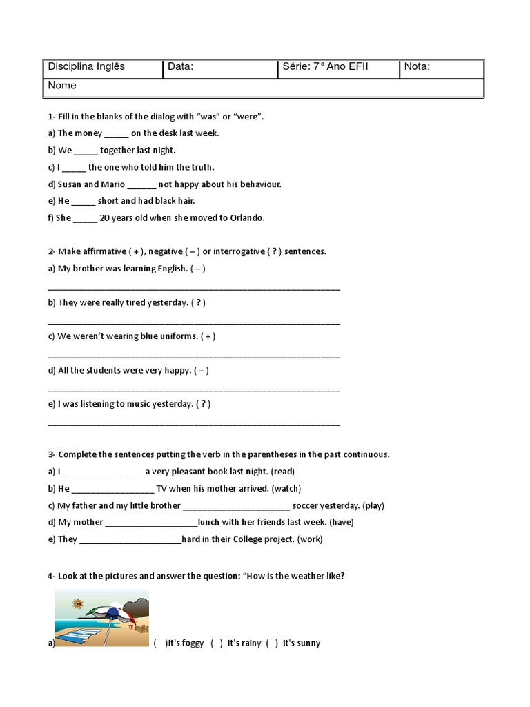 Prova de Inglês - 7° Ano - 1° Bimestre | PDF