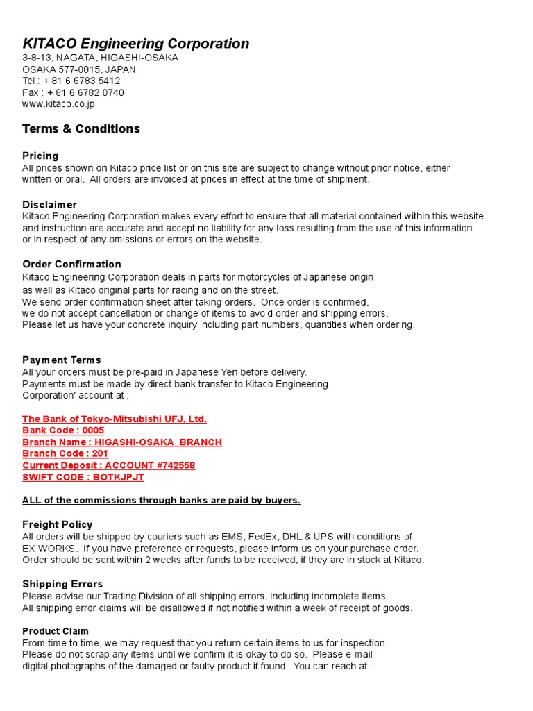 Kitaco Engineering Terms & Conditions | PDF | Courier | Regulatory