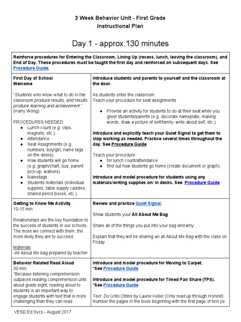 First Grade Behavior Unit Plan | PDF | Classroom | Teachers
