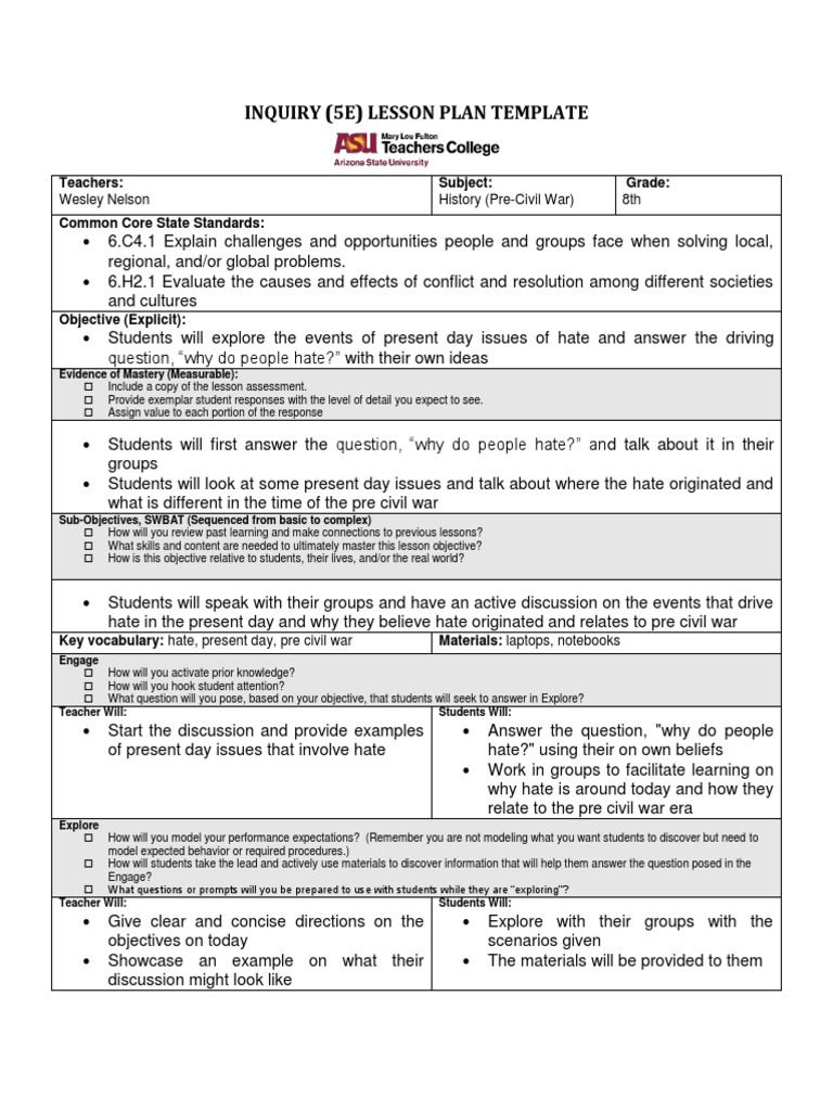Pre-Civil War Hate Inquiry Lesson Plan | PDF | Lesson Plan | Learning