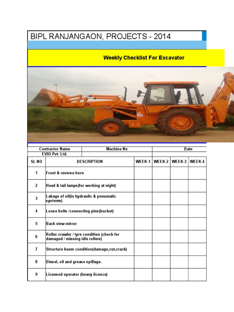 Weekly Excavator Inspection Checklist | PDF | Computers