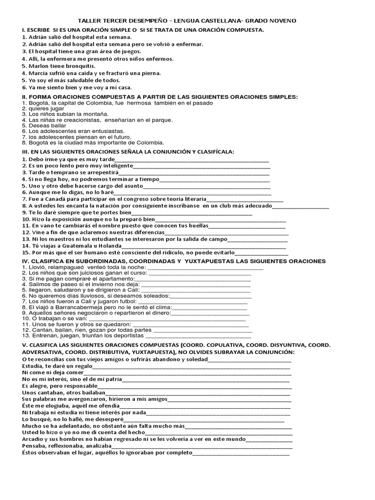 Taller de Oraciones Compuestas y Simples | PDF | Artes del Lenguaje y ...