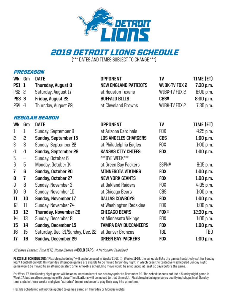 2019 Detroit Lions Schedule | American Football Leagues | Professional Sports Leagues