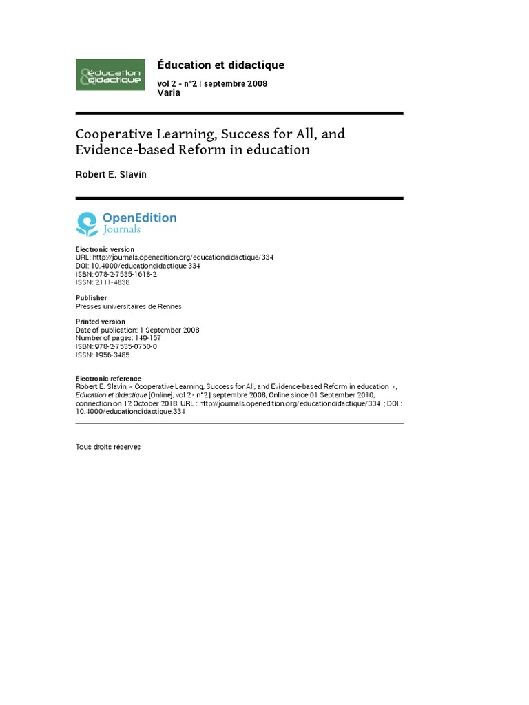 Cooperative Learning, Success For All, and Evidence-Based Reform in ...