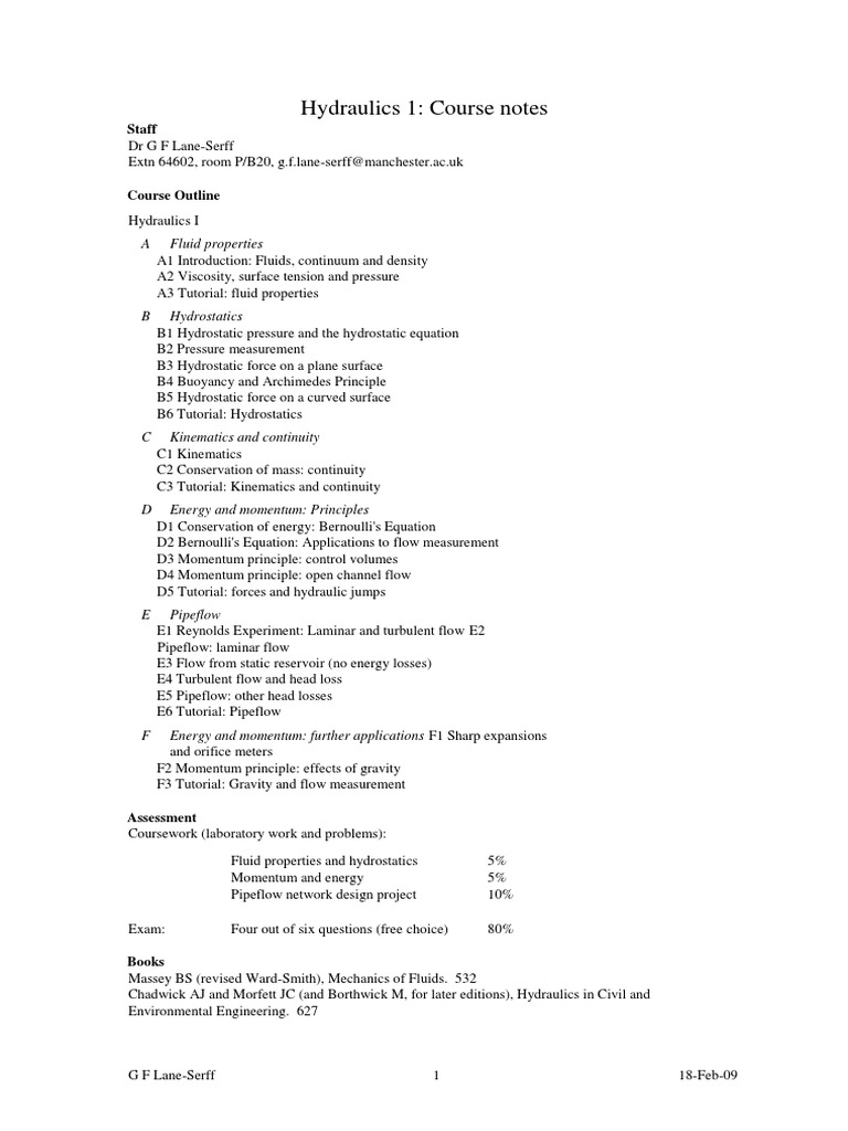 Hydraulics I Course Notes Overview | PDF | Density | Pressure