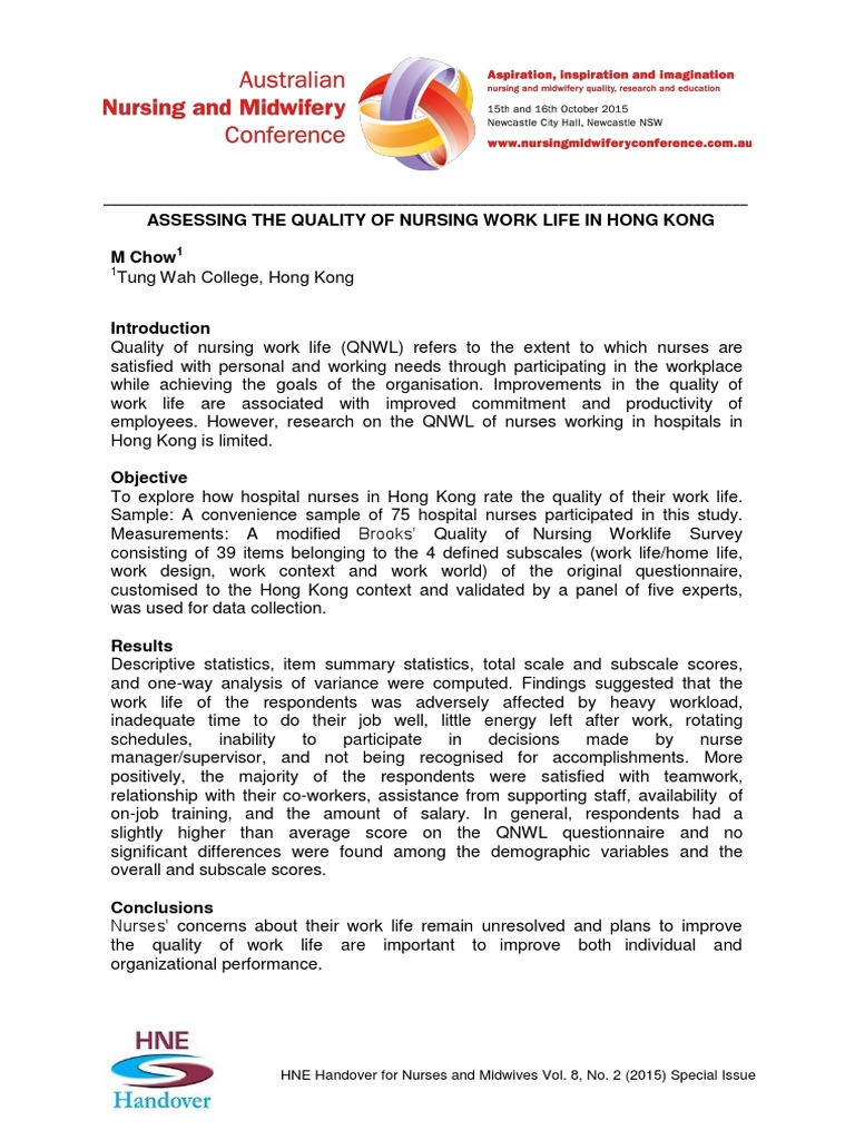 Assessing The Quality of Nursing Work Life in Hong Kong M Chow | PDF ...