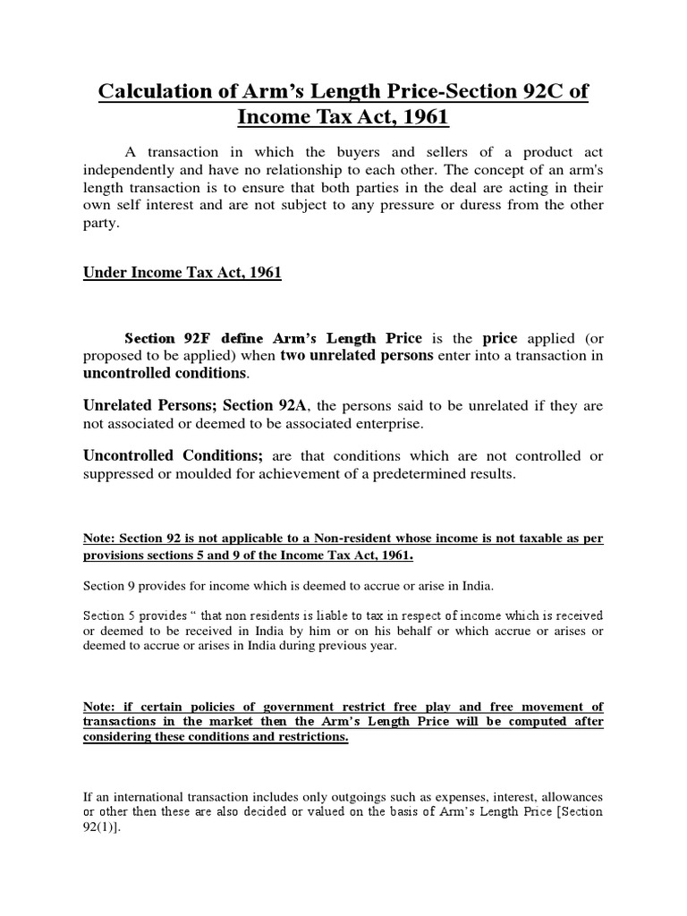 Calculation of Arm's Length PriceSection 92C of Tax Act, 1961 PDF