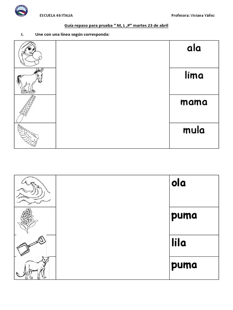 Guía de Repaso: Letras M, L y P | PDF