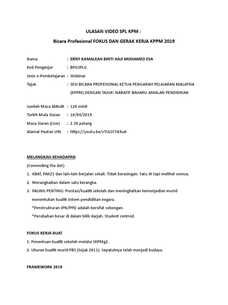 Ulasan Video SPL KPM Naratif Baharu Pendidikan  PDF