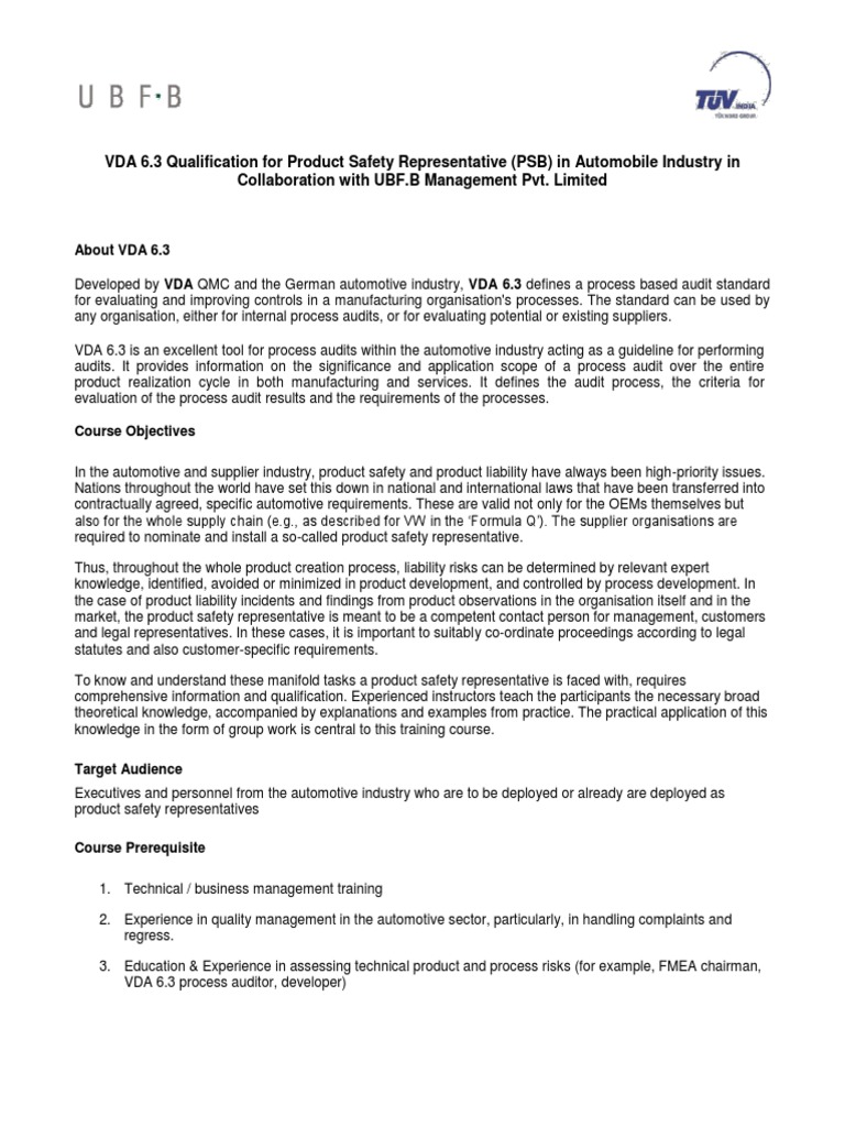 Product Safety Representative PSB in Automobile Industry in