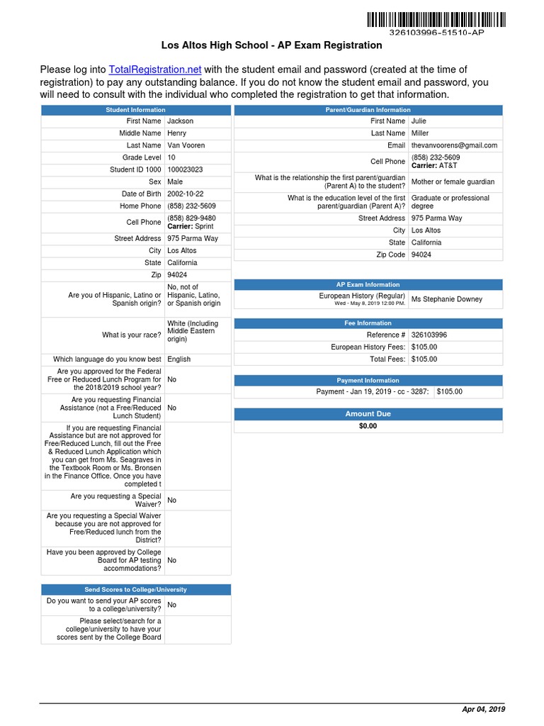 Los Altos High School - AP Exam Registration: Student Information ...