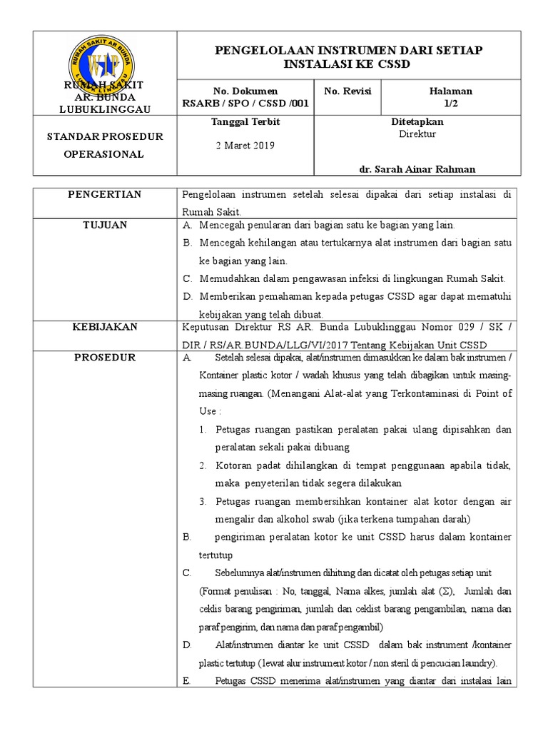 Spo CSSD 1 Pengelolaan Instrumen Dari Setiap Instalasi Ke CSSD | PDF ...