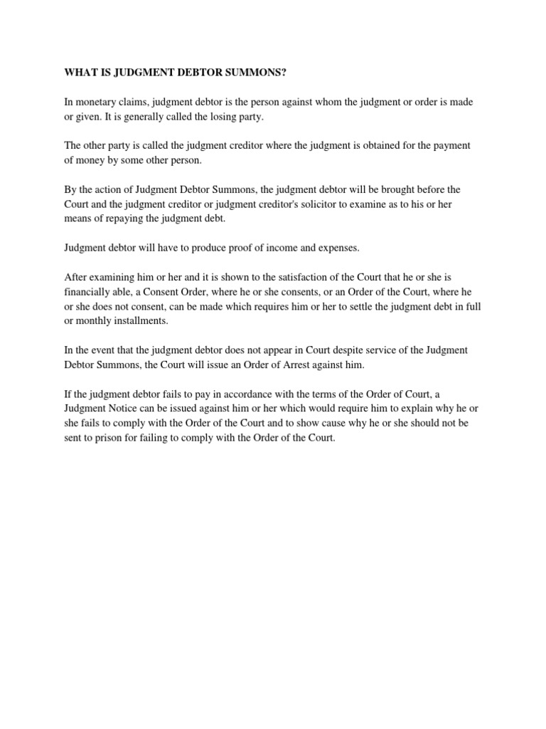 What Is Judgment Debtor Summons PDF Debtor Judgment (Law)