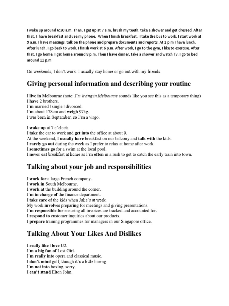 Giving Personal Information and Describing Your Routine | PDF | Leisure