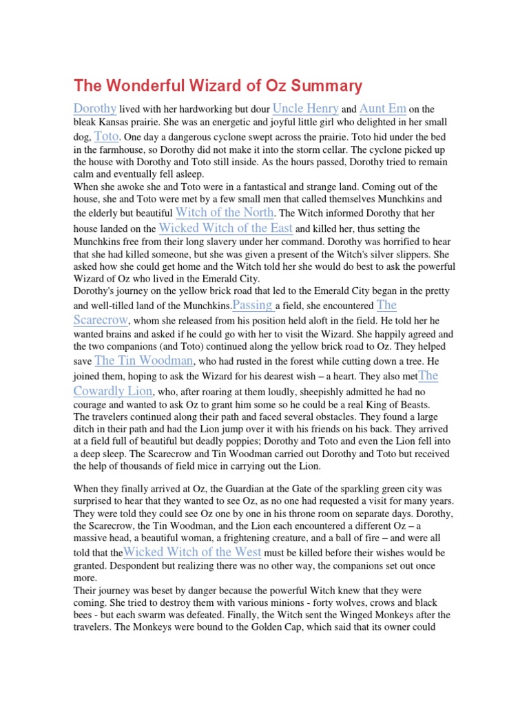 The Wonderful Wizard of Oz Summary PDF Dorothy Gale The Wonderful