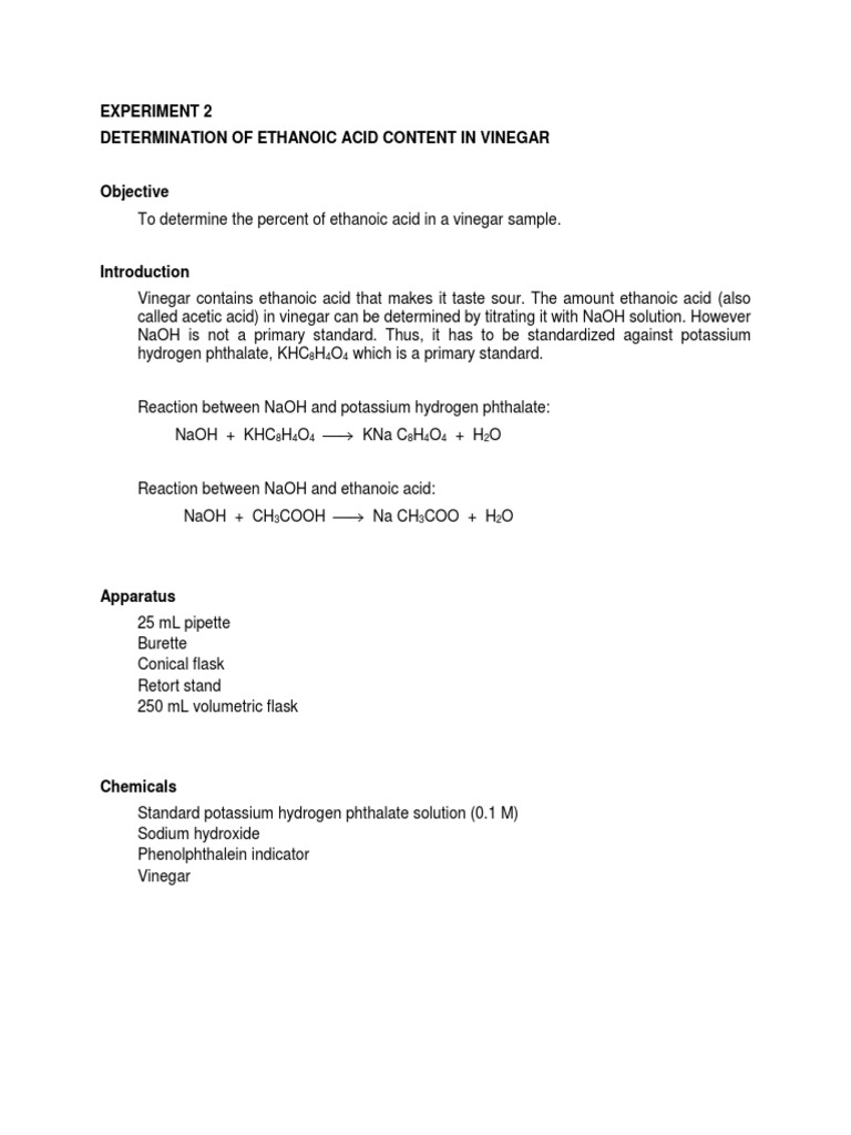 Experiment 2 Determination of Ethanoic Acid Content in Vinegar PDF