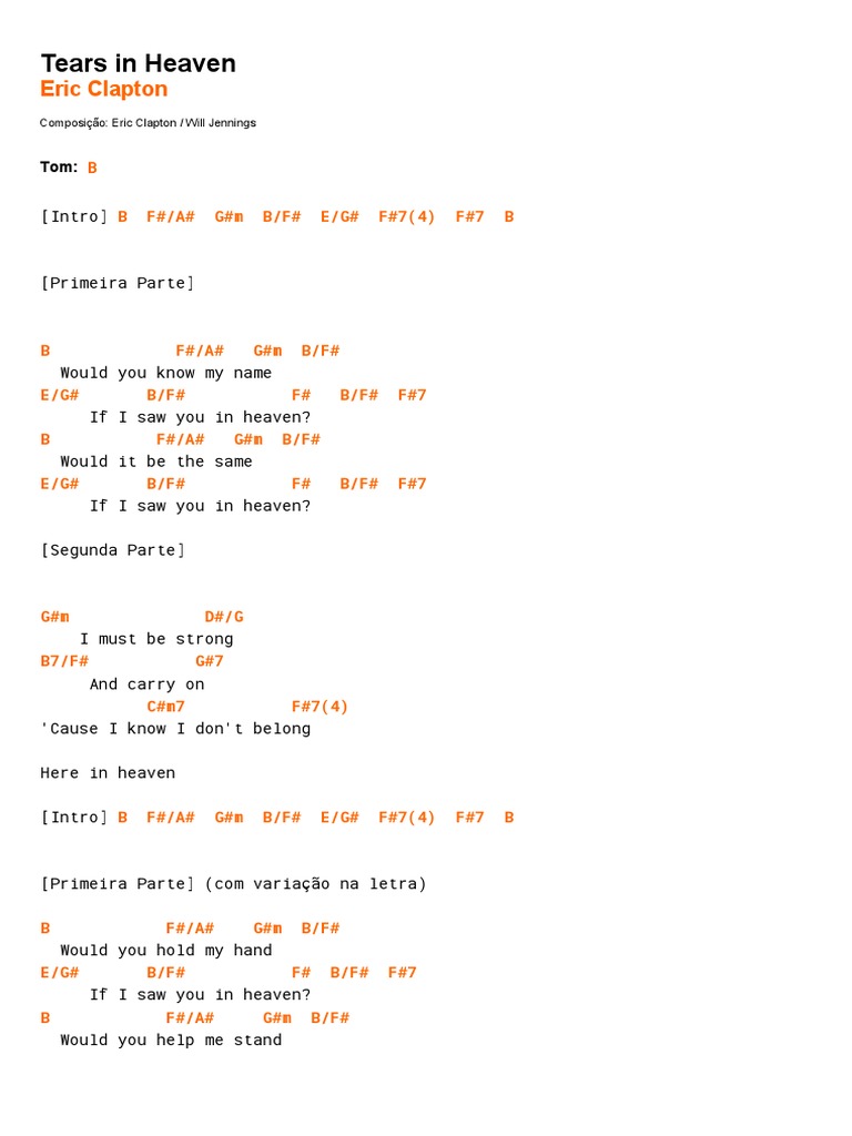 Eric Clapton 'Tears In Heaven' Sheet Music, Chords & Lyrics