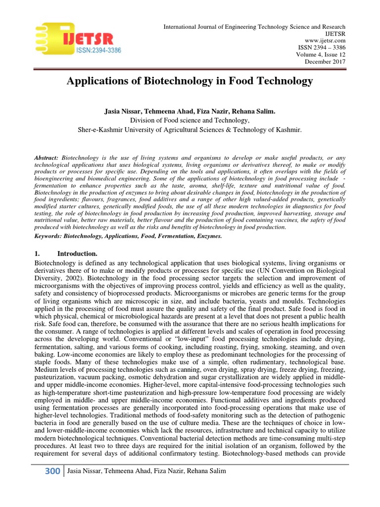 Applications of Biotechnology in Food Technology PDF Biotechnology
