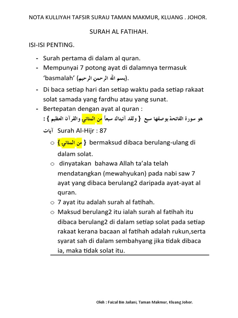 Nota Kulliyah Tafsir 1 Amp 2 Surah Al Fatihah Pdf