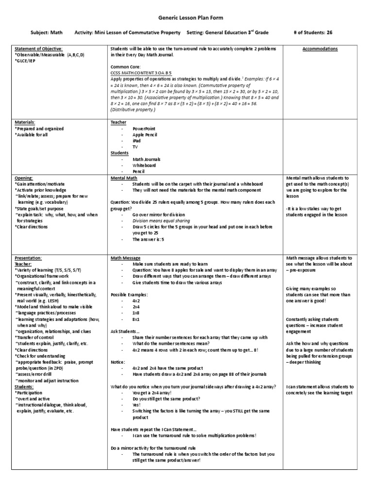 3rd Grade Math Lesson Plan: Commutative Property | PDF | Lesson Plan ...
