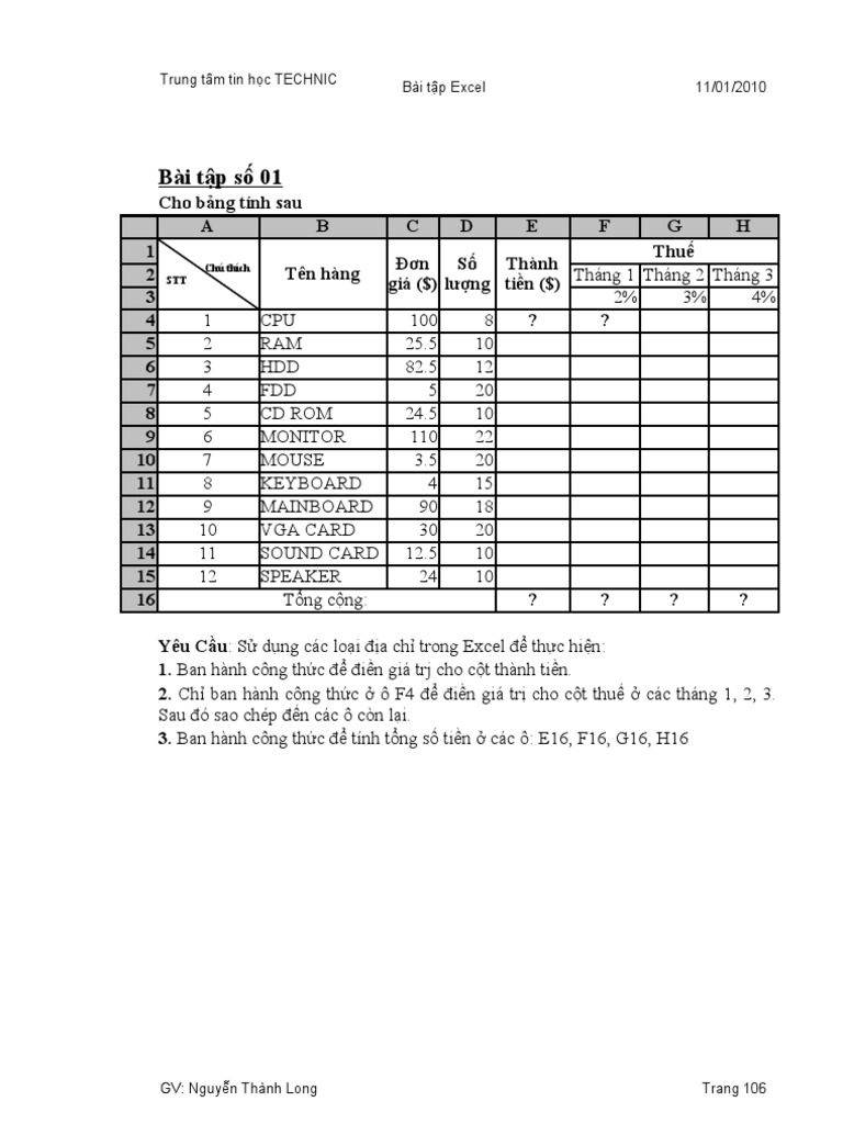 Bai Tap Excel | PDF