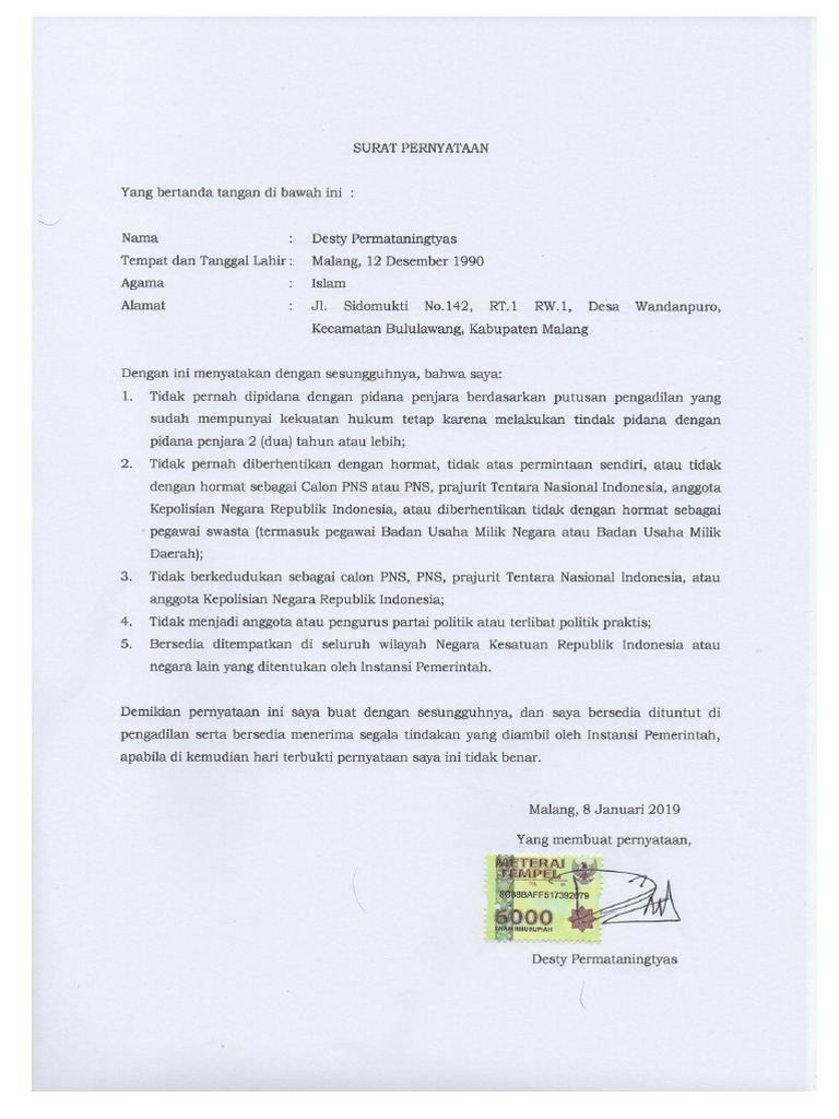 Surat Pernyataan 5 Poin Cpns