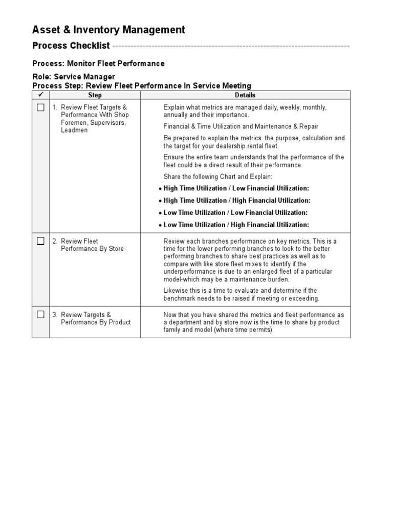 Fleet Performance Management Checklist | PDF | Inventory | Revenue