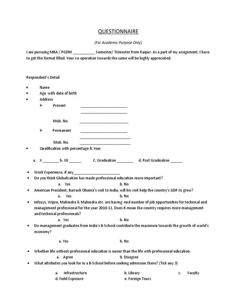 MBA Questionnaire for Academic Research | PDF | Master Of Business ...