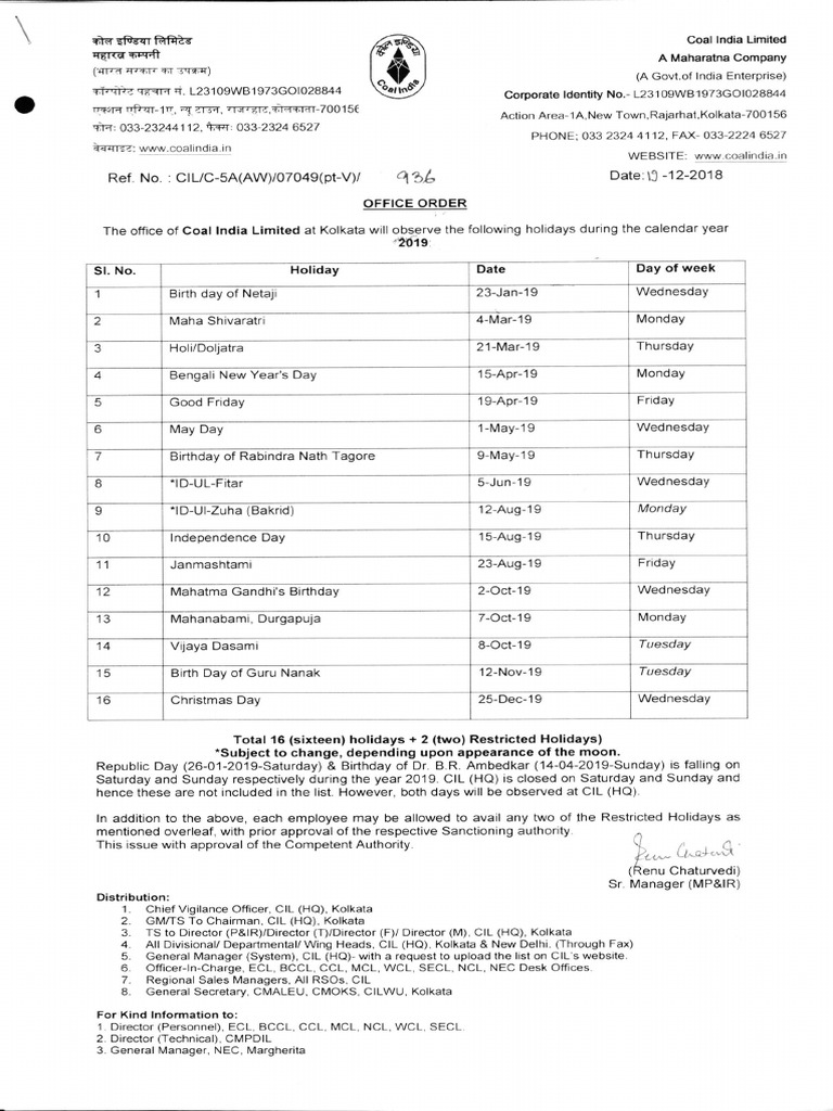 Coal India Holidays List 2019 Religious Holidays Observances Set