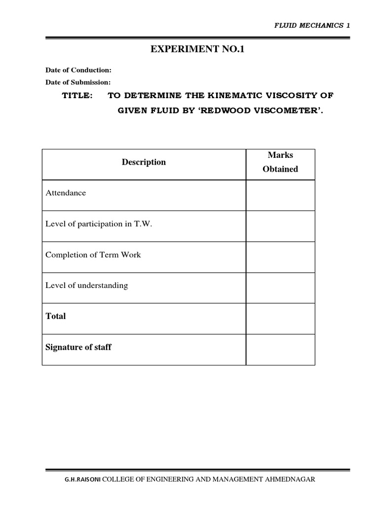 Experiment No.1 Title To Determine The Kinematic Viscosity of Given Fluid by Redwood