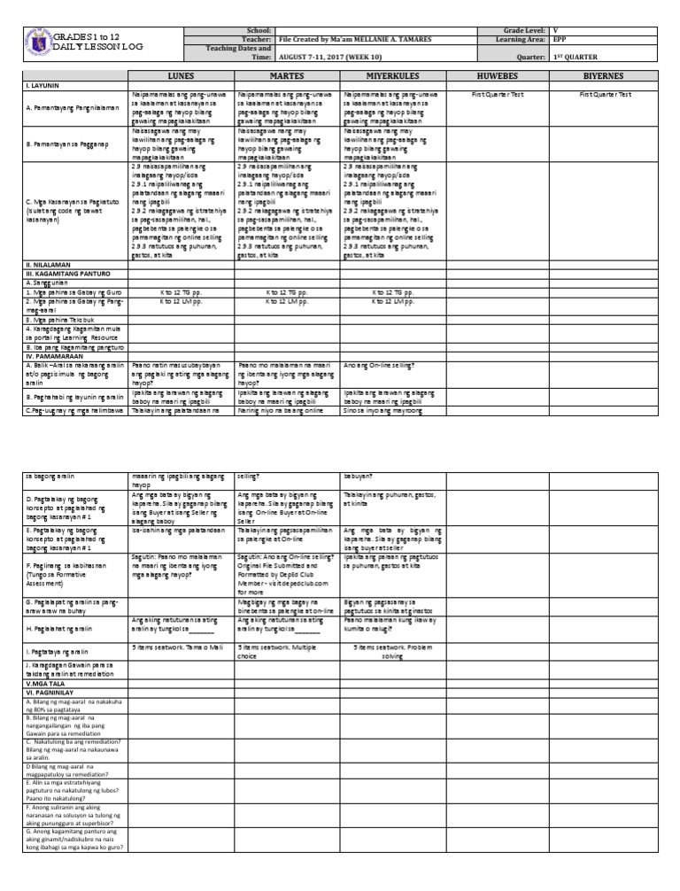 Grade 5 DLL Epp 5 q1 Week 10 | PDF