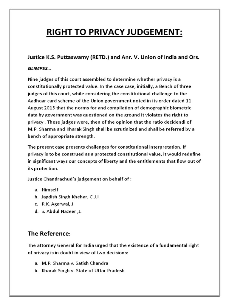 Right To Privacy Judgement | PDF | Privacy | Natural And Legal Rights