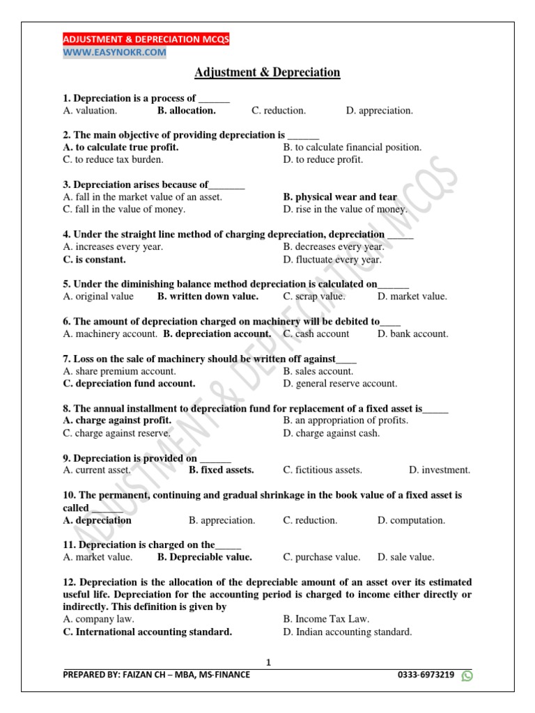 Class 11 Depreciation MCQs Guide | PDF | Depreciation | Book Value