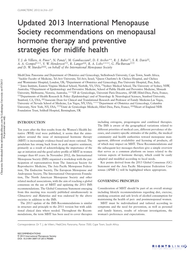 Updated 2013 International Menopause Society On Menopausal Hormone Therapy and