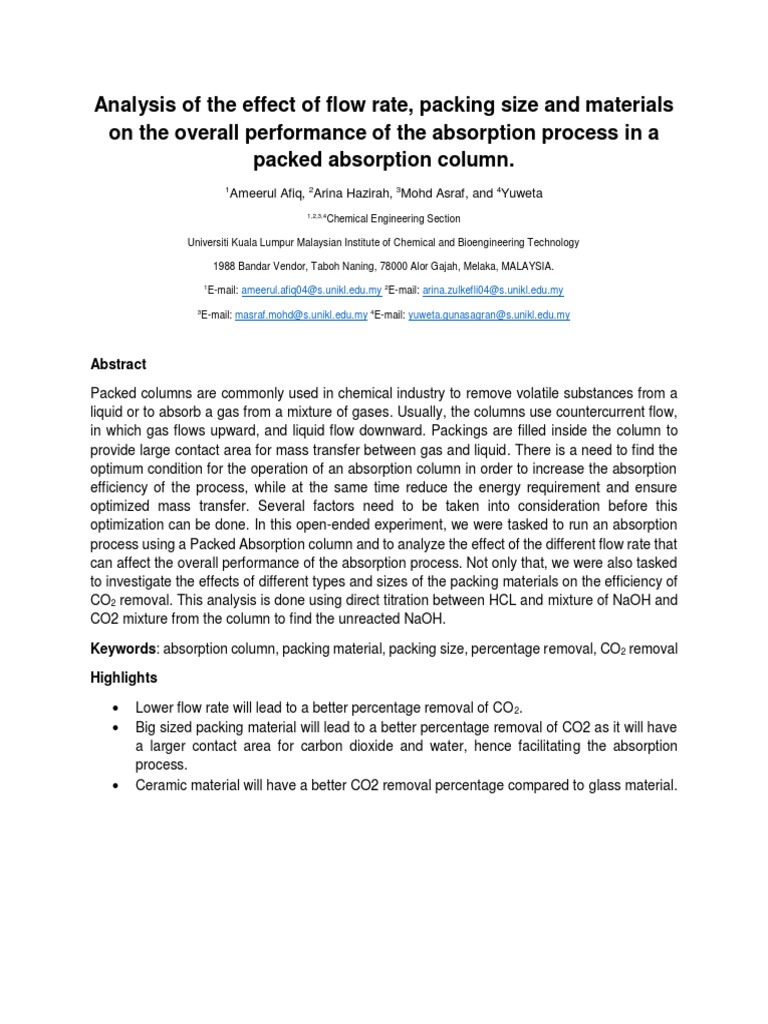 Lab Report Absorption Column PDF Gases Absorption (Chemistry)