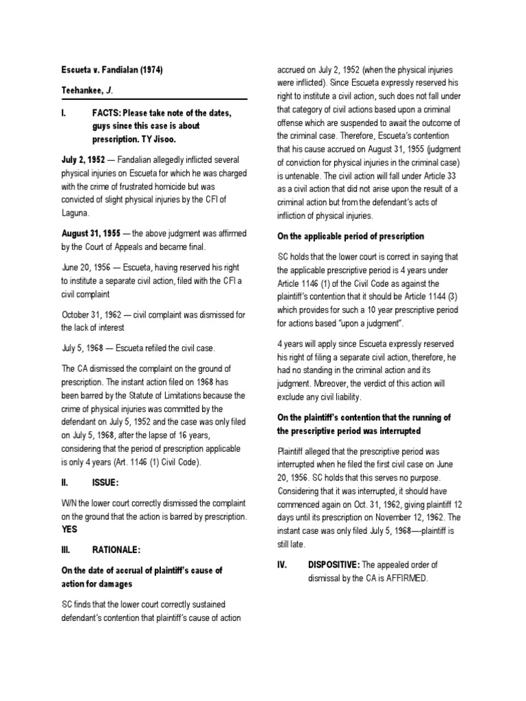 Escueta v. Fandialan (1974) prescription case PDF Statute Of