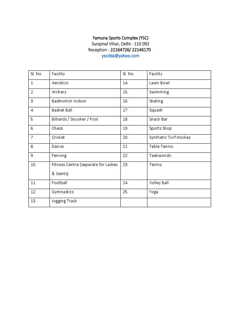 Facilities, Membership Options, and Fees at the Yamuna Sports Complex in Delhi PDF Workweek